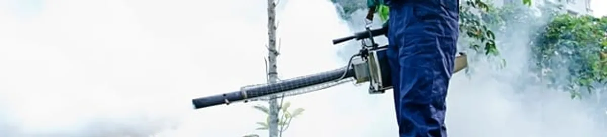 Pest control technician fogging an outdoor area for insect control in Miami, FL